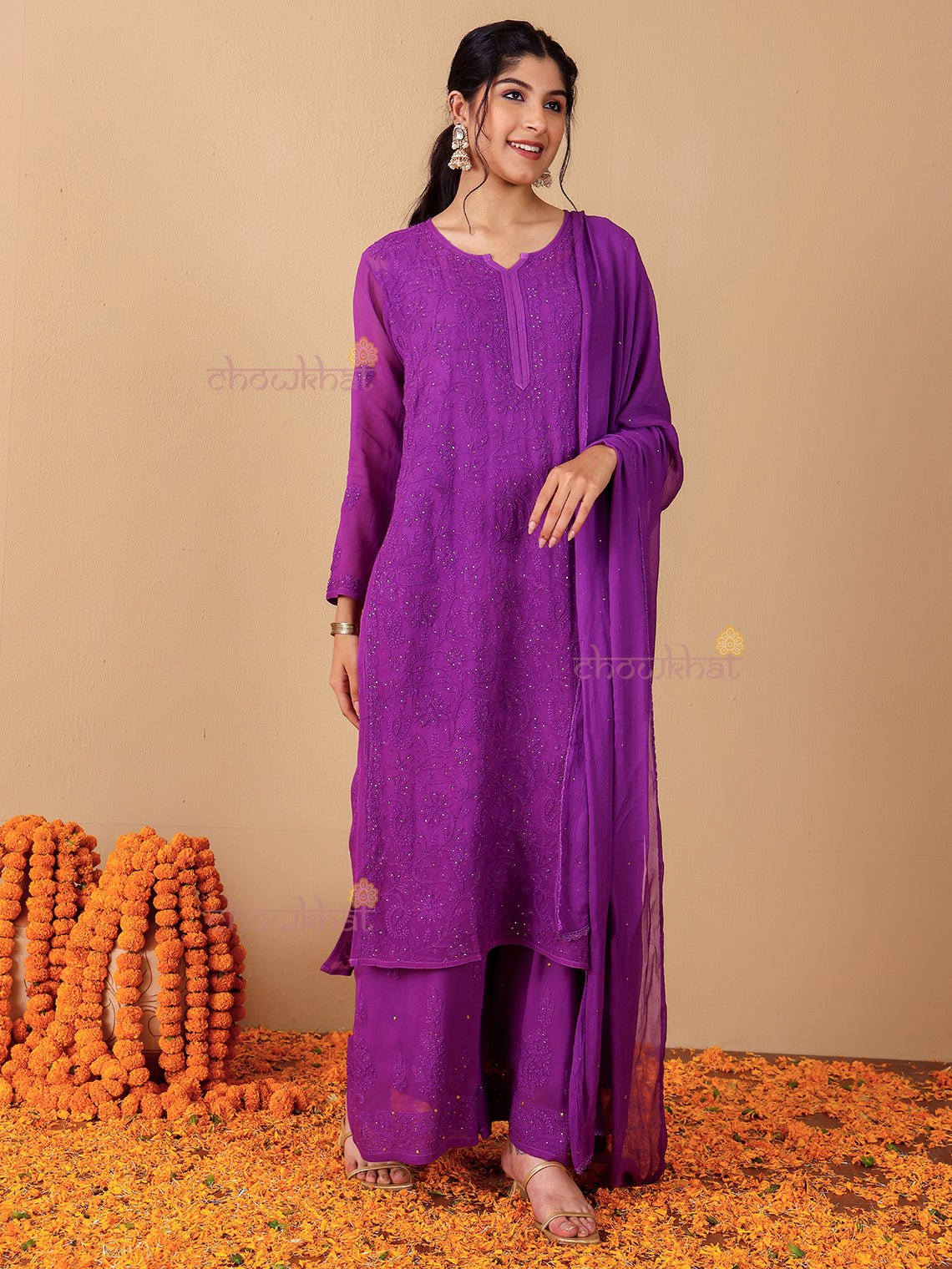 Falak Chikankari Suit Set with Mukaish Work - Chowkhat Lifestyle