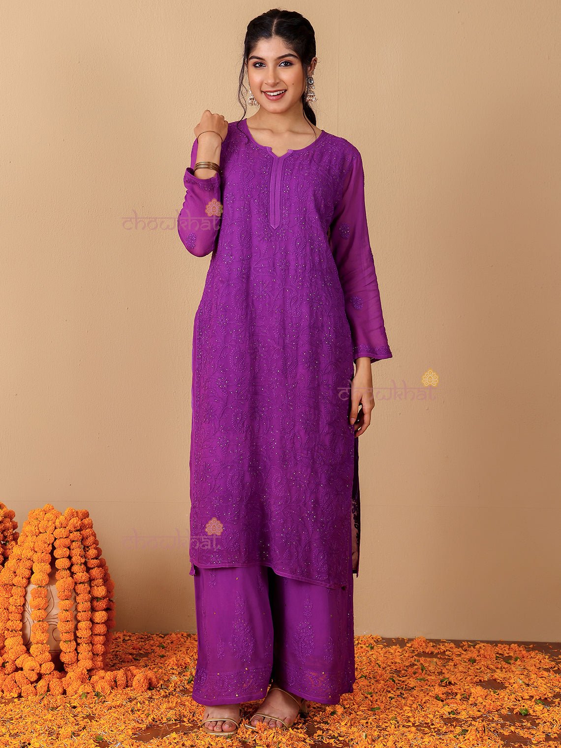 Falak Chikankari Suit Set with Mukaish Work - Chowkhat Lifestyle