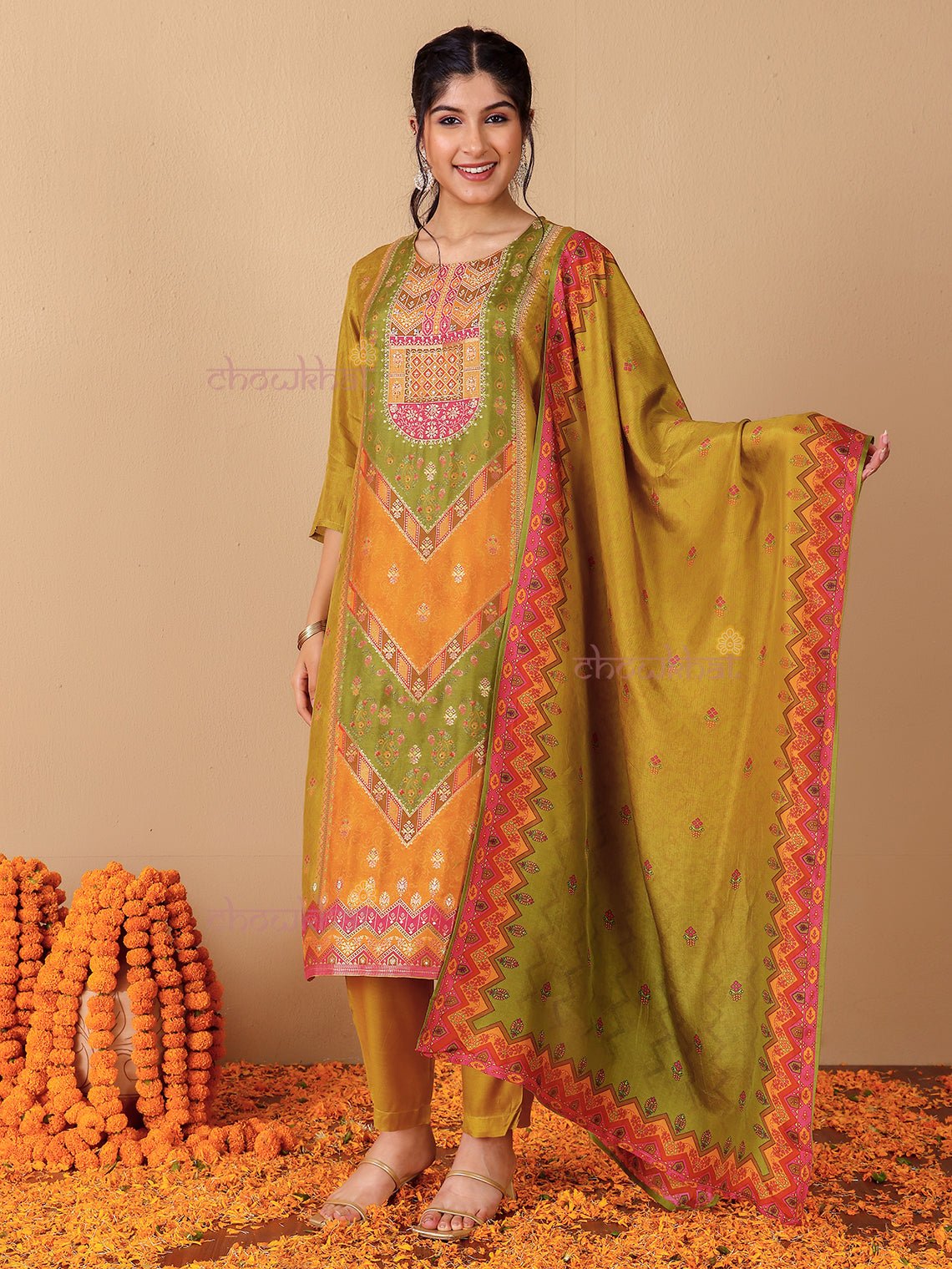 Naira Zari Silk 3 Piece Stitched Suit Set with Handwork - Chowkhat Lifestyle