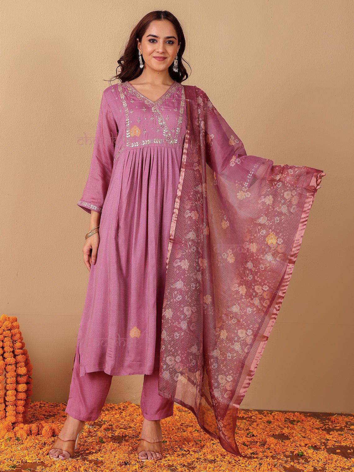 Riya Muslin Shimmer 3 Piece Stitched Suit Set with Adda Work - Chowkhat Lifestyle