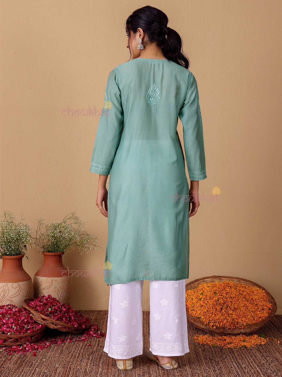 Maya Chanderi Chikankari Straight Kurti - Chowkhat Lifestyle