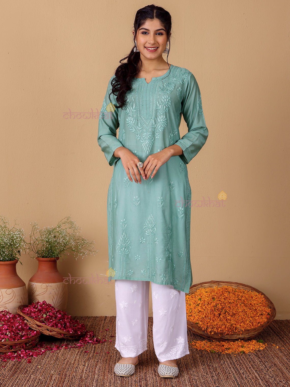 Maya Chanderi Chikankari Straight Kurti - Chowkhat Lifestyle