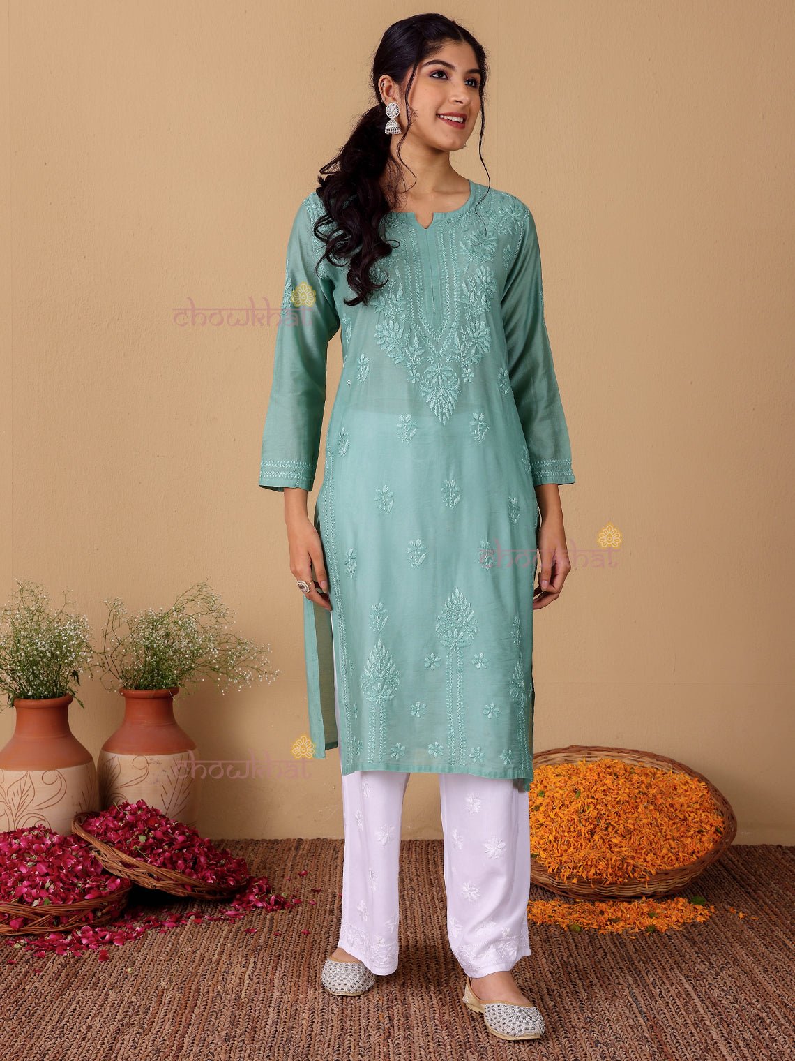 Maya Chanderi Chikankari Straight Kurti - Chowkhat Lifestyle