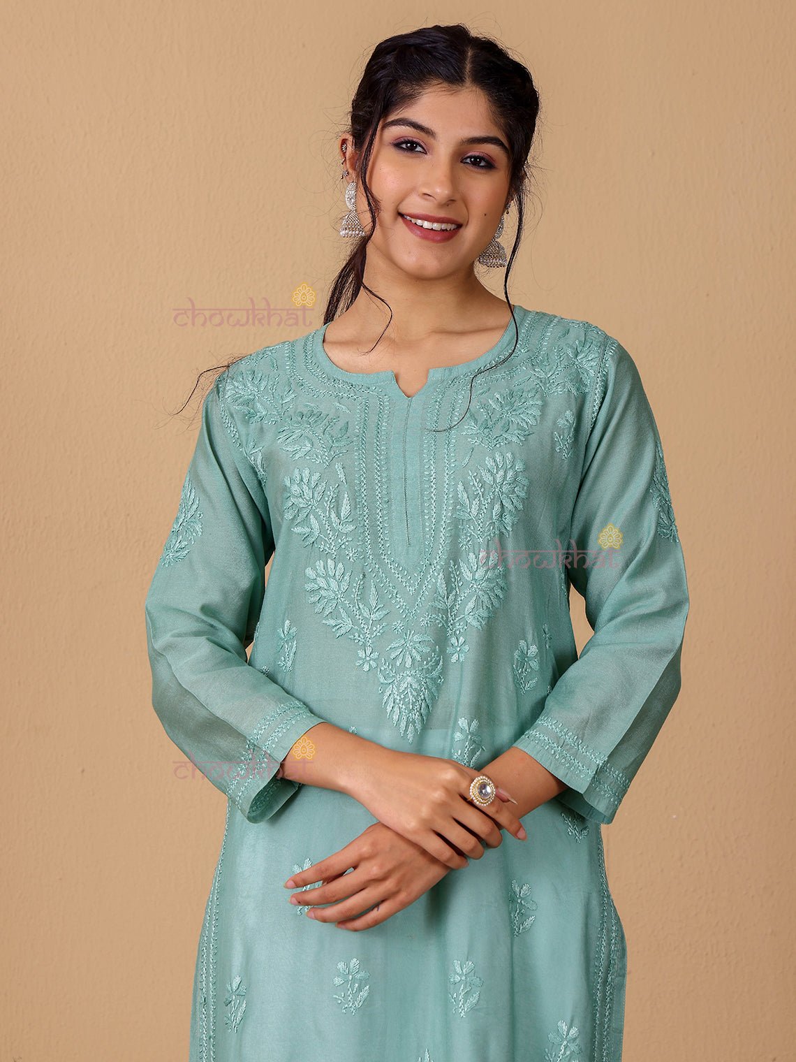 Maya Chanderi Chikankari Straight Kurti - Chowkhat Lifestyle