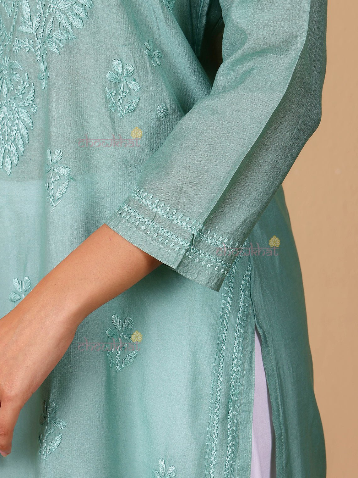 Maya Chanderi Chikankari Straight Kurti - Chowkhat Lifestyle