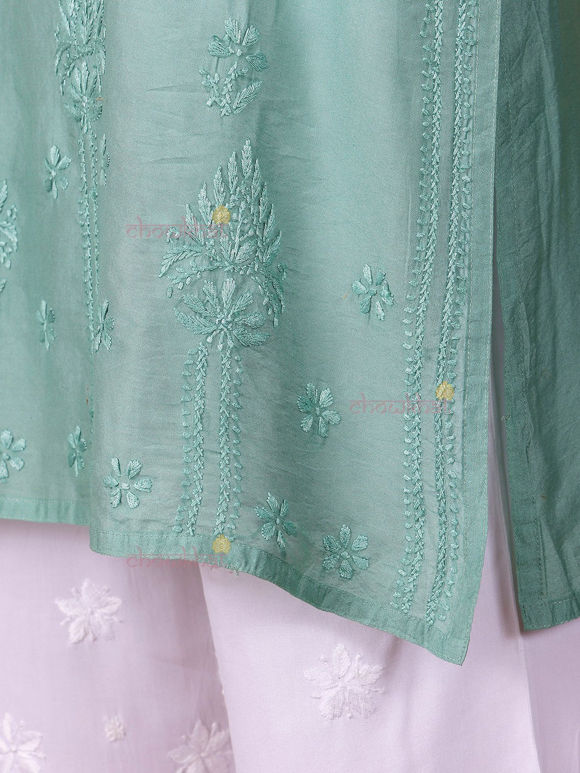 Maya Chanderi Chikankari Straight Kurti - Chowkhat Lifestyle