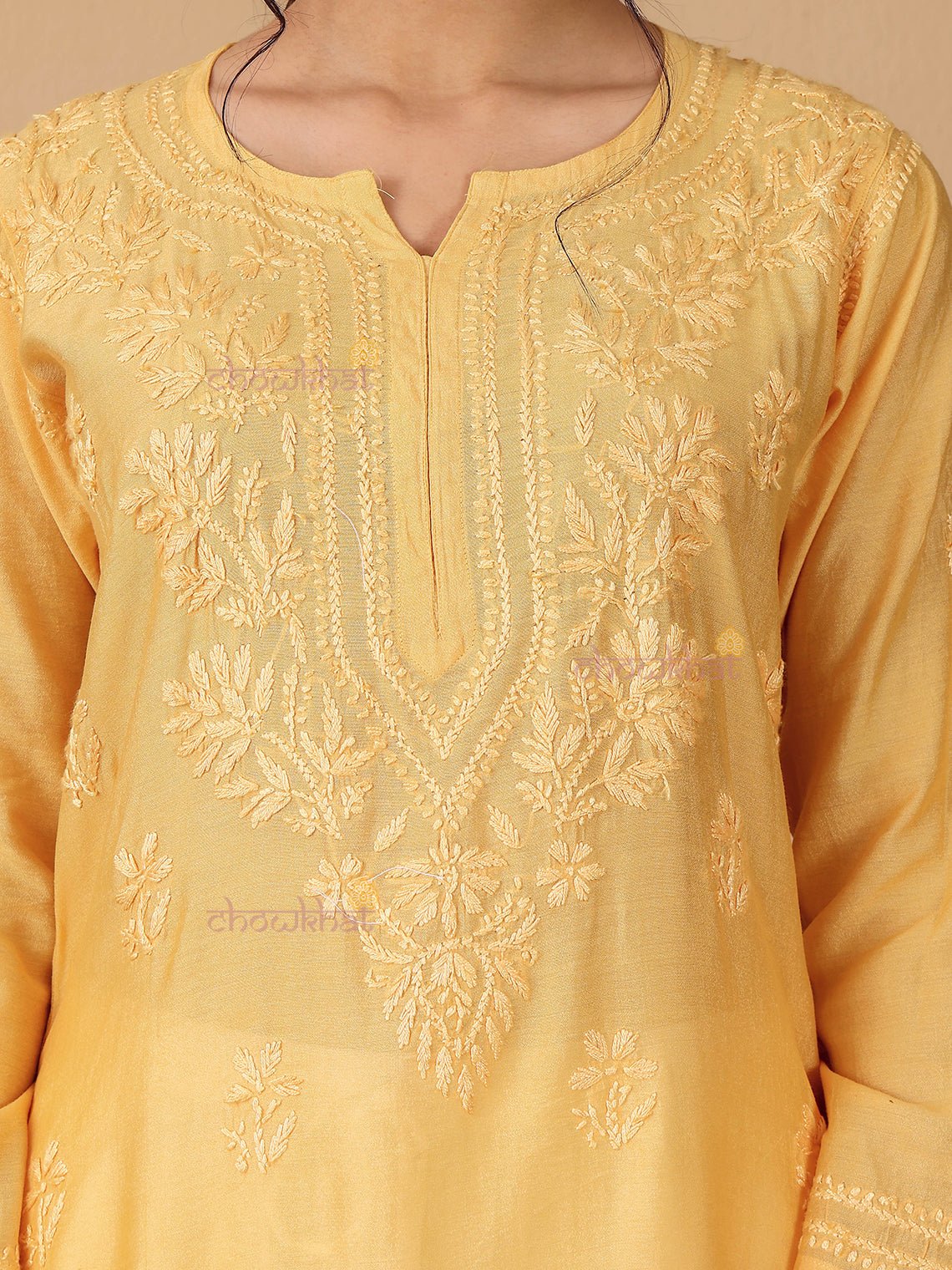 Maya Chanderi Chikankari Straight Kurti - Chowkhat Lifestyle