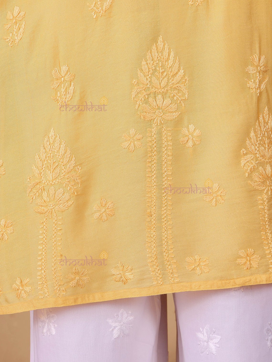 Maya Chanderi Chikankari Straight Kurti - Chowkhat Lifestyle