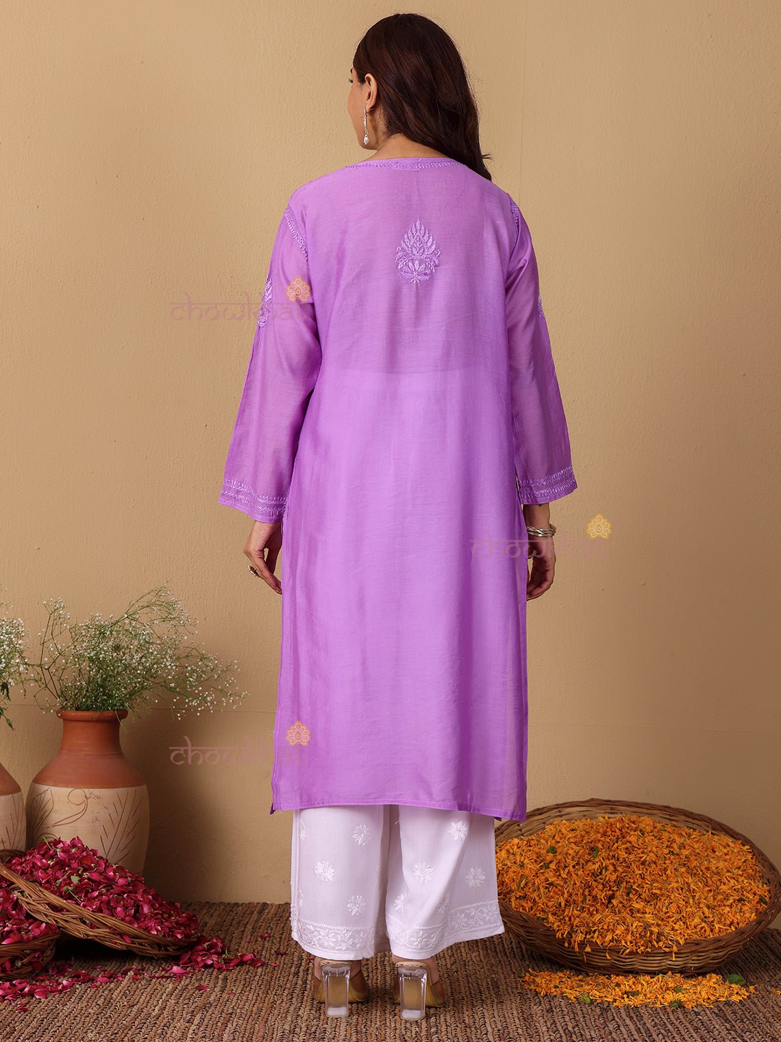 Maya Chanderi Chikankari Straight Kurti - Chowkhat Lifestyle