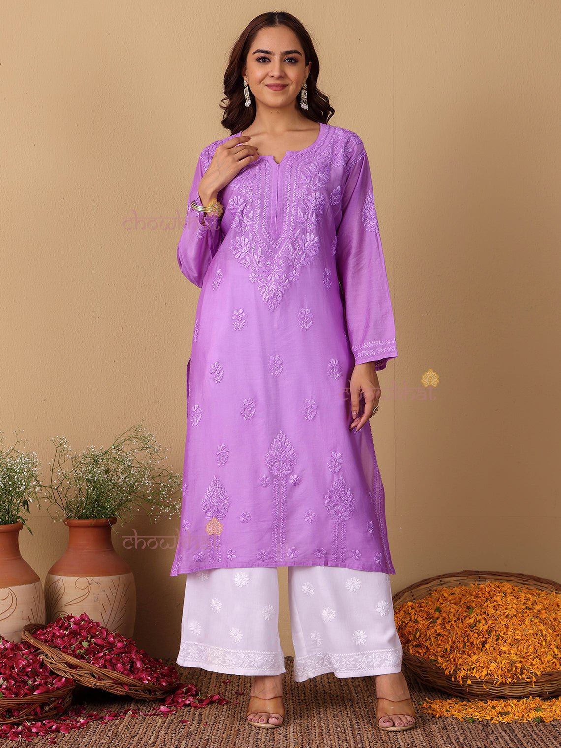 Maya Chanderi Chikankari Straight Kurti - Chowkhat Lifestyle