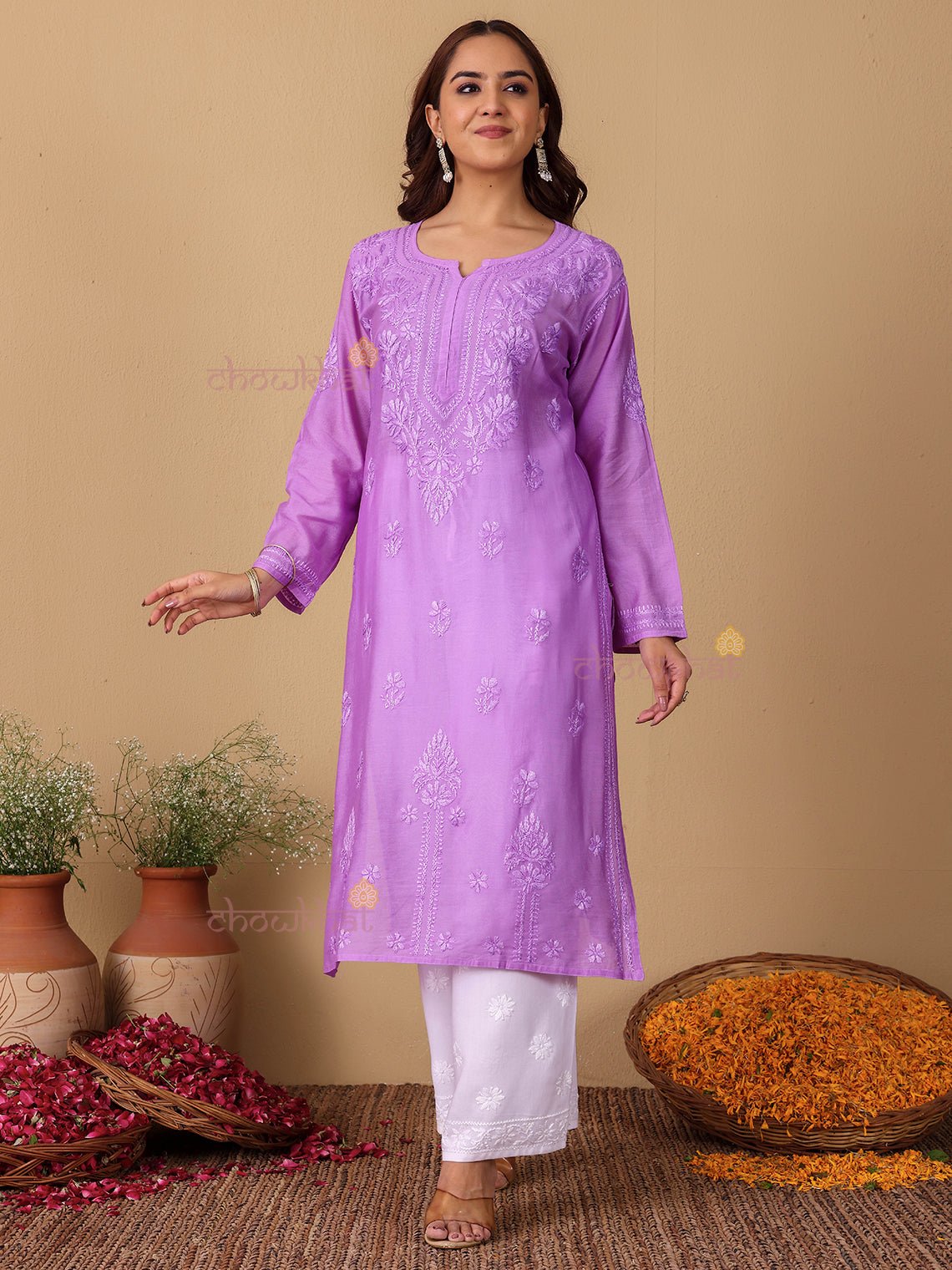 Maya Chanderi Chikankari Straight Kurti - Chowkhat Lifestyle