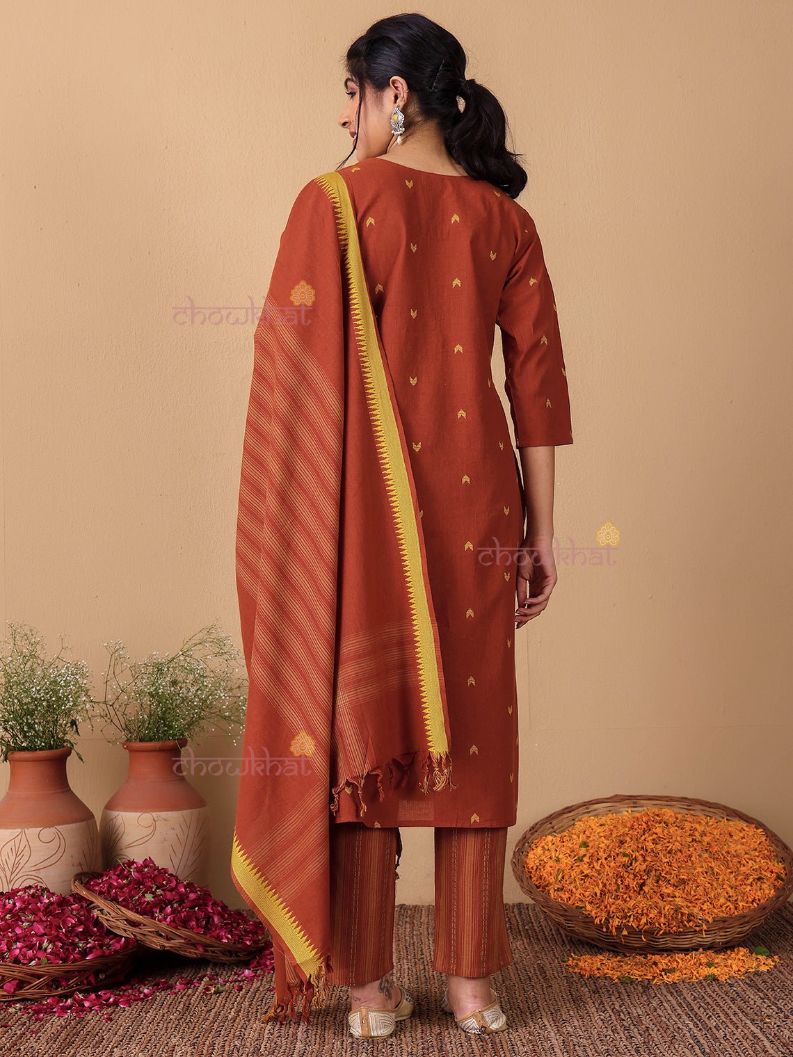 Aviva Handloom Cotton 3 Piece Stitched Suit Set with Pearl & Kantha Handwork - Chowkhat Lifestyle