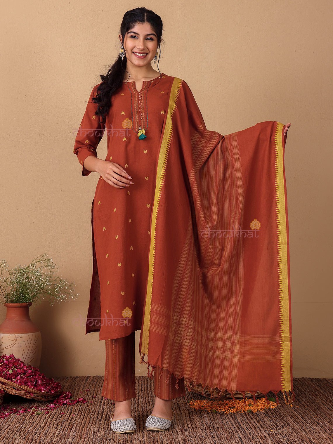 Aviva Handloom Cotton 3 Piece Stitched Suit Set with Pearl & Kantha Handwork - Chowkhat Lifestyle