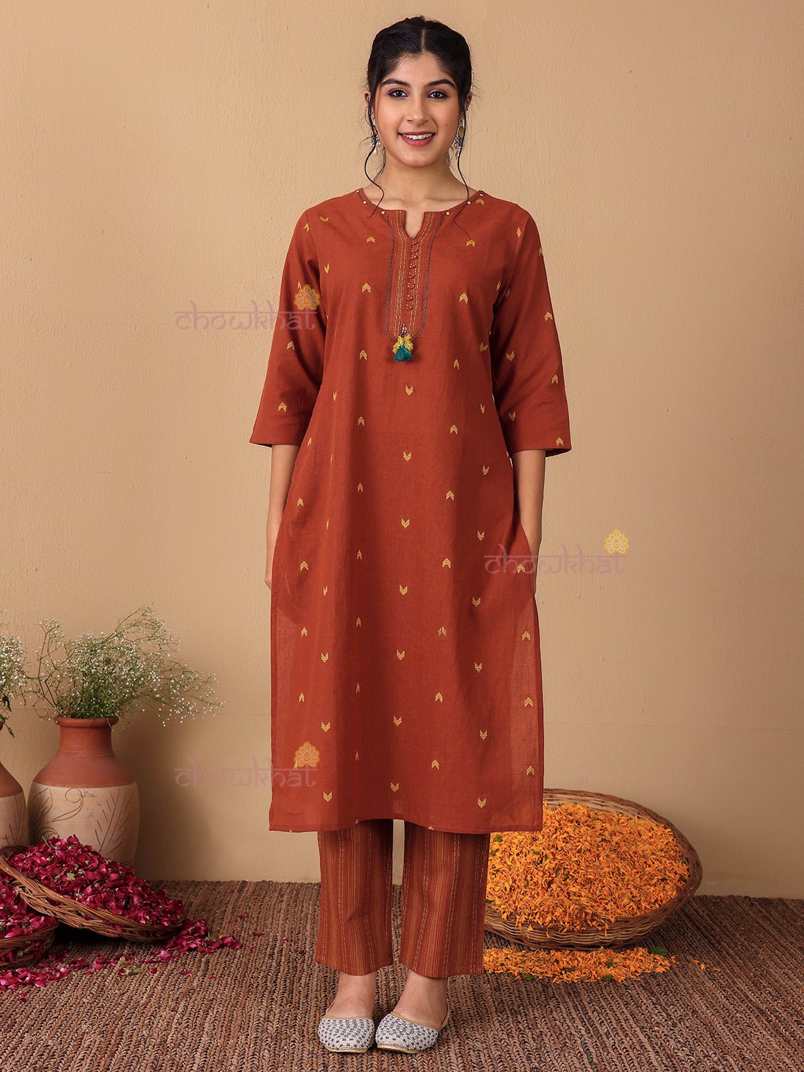 Aviva Handloom Cotton 3 Piece Stitched Suit Set with Pearl & Kantha Handwork - Chowkhat Lifestyle