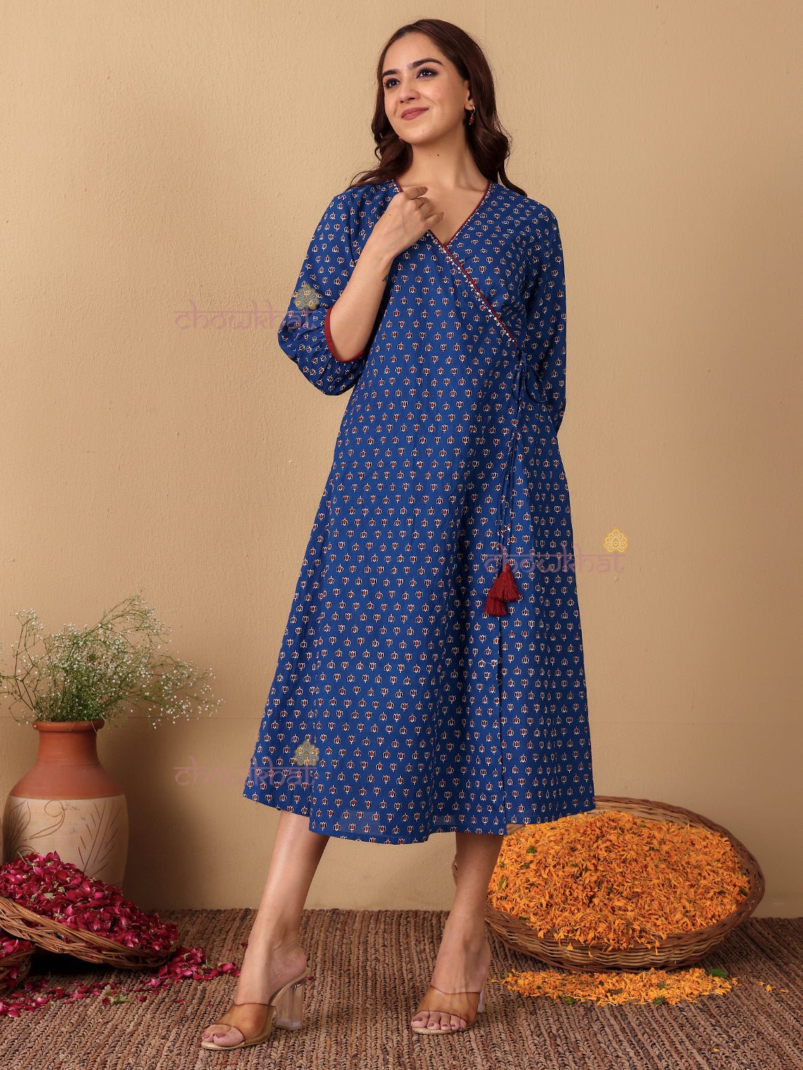 Riva Cotton Hand Printed Angrakha Dress with Hand Work - Chowkhat Lifestyle