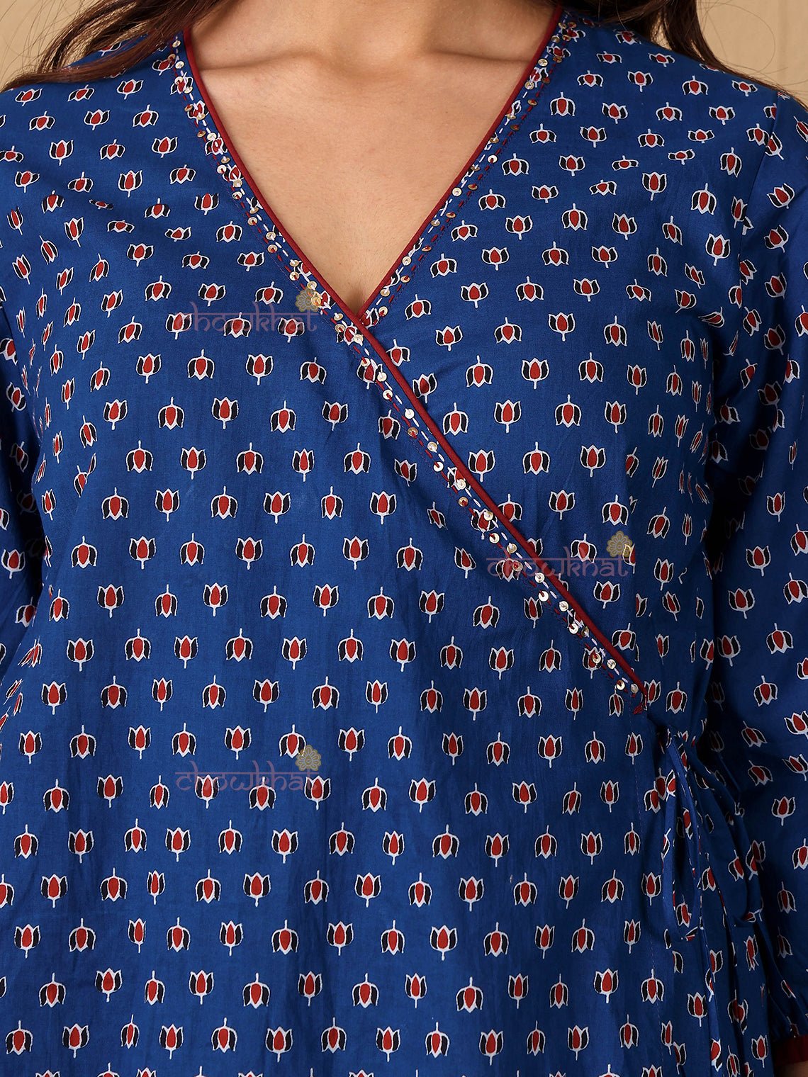 Riva Cotton Hand Printed Angrakha Dress with Hand Work - Chowkhat Lifestyle