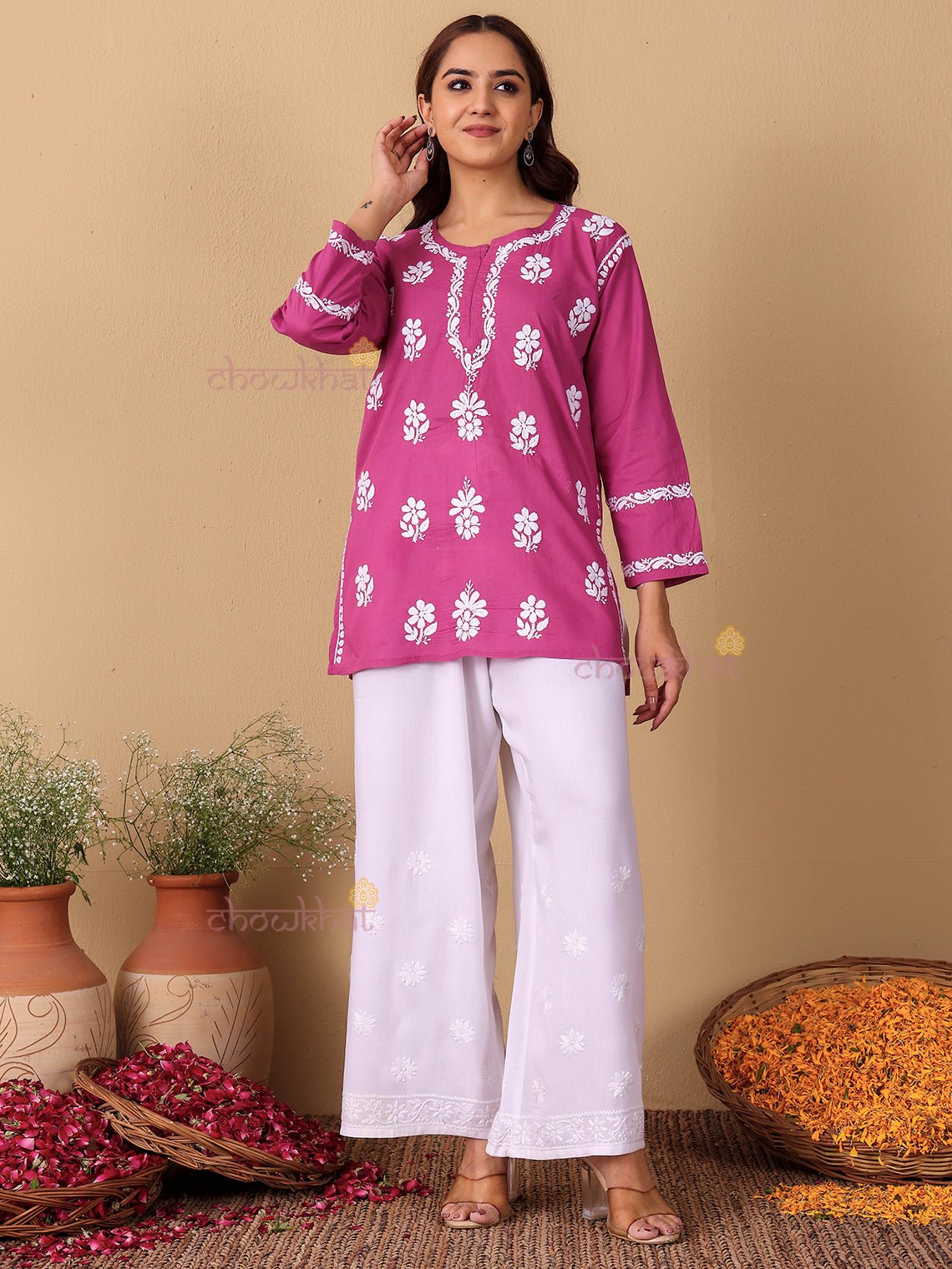 Raha Cotton Straight Short Chikankari Kurti - Chowkhat Lifestyle