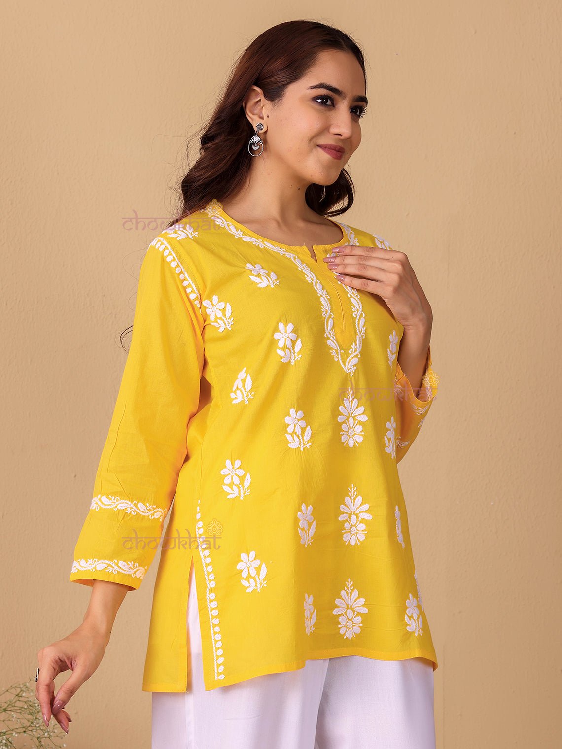 Raha Cotton Straight Short Chikankari Kurti - Chowkhat Lifestyle