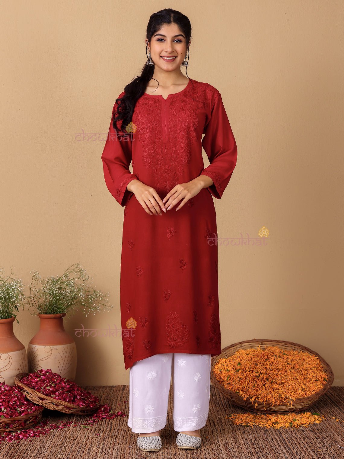 Meher Rayon Straight Long Chikankari Kurti - Chowkhat Lifestyle