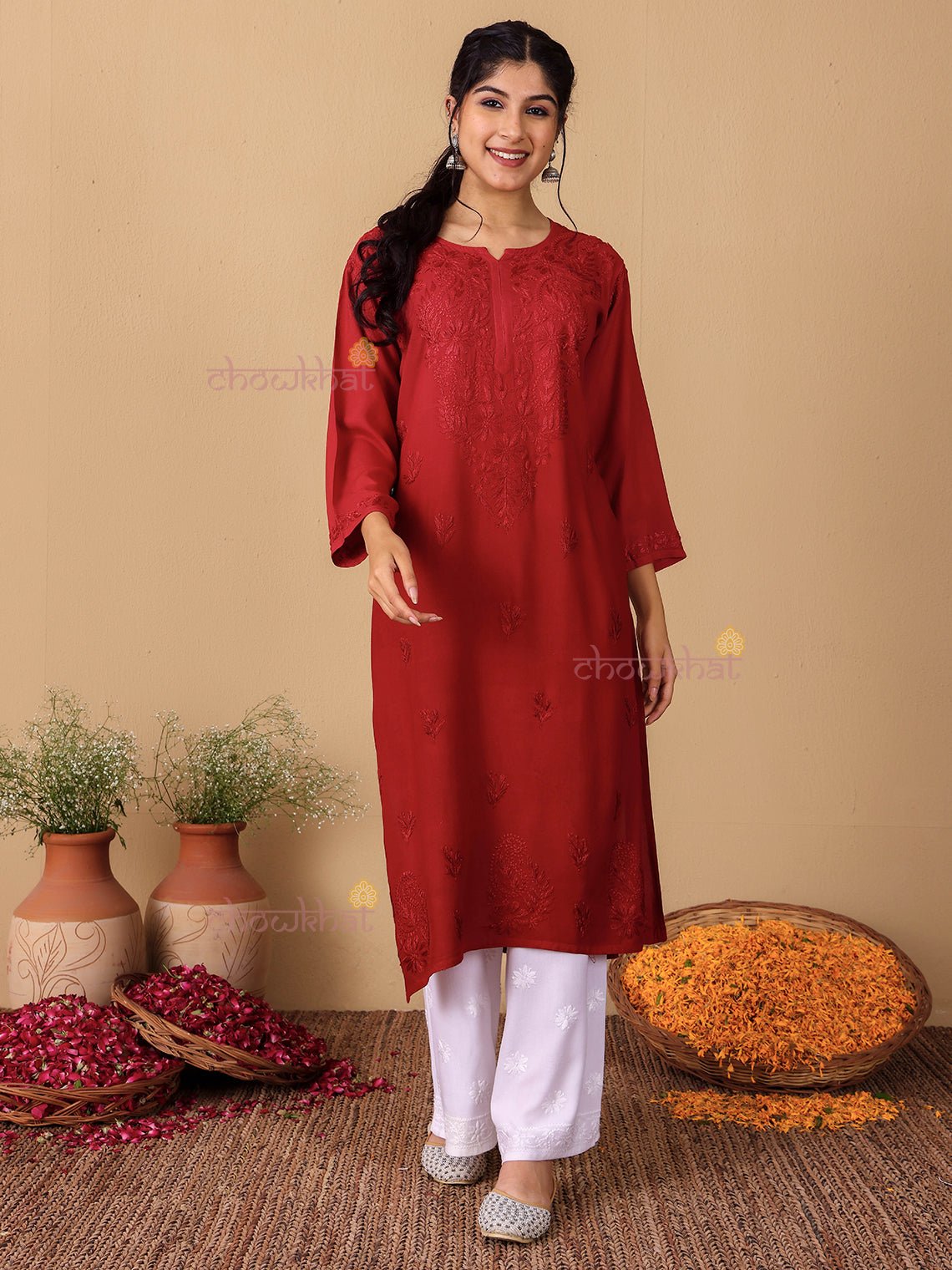 Meher Rayon Straight Long Chikankari Kurti - Chowkhat Lifestyle