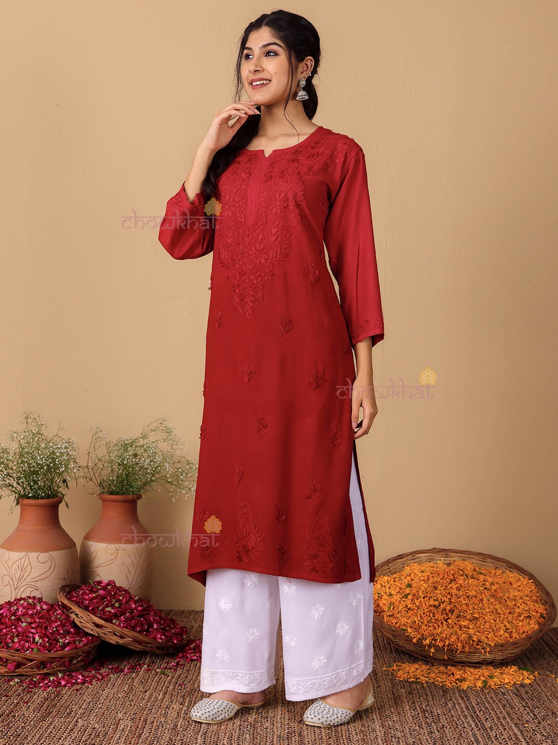 Meher Rayon Straight Long Chikankari Kurti - Chowkhat Lifestyle