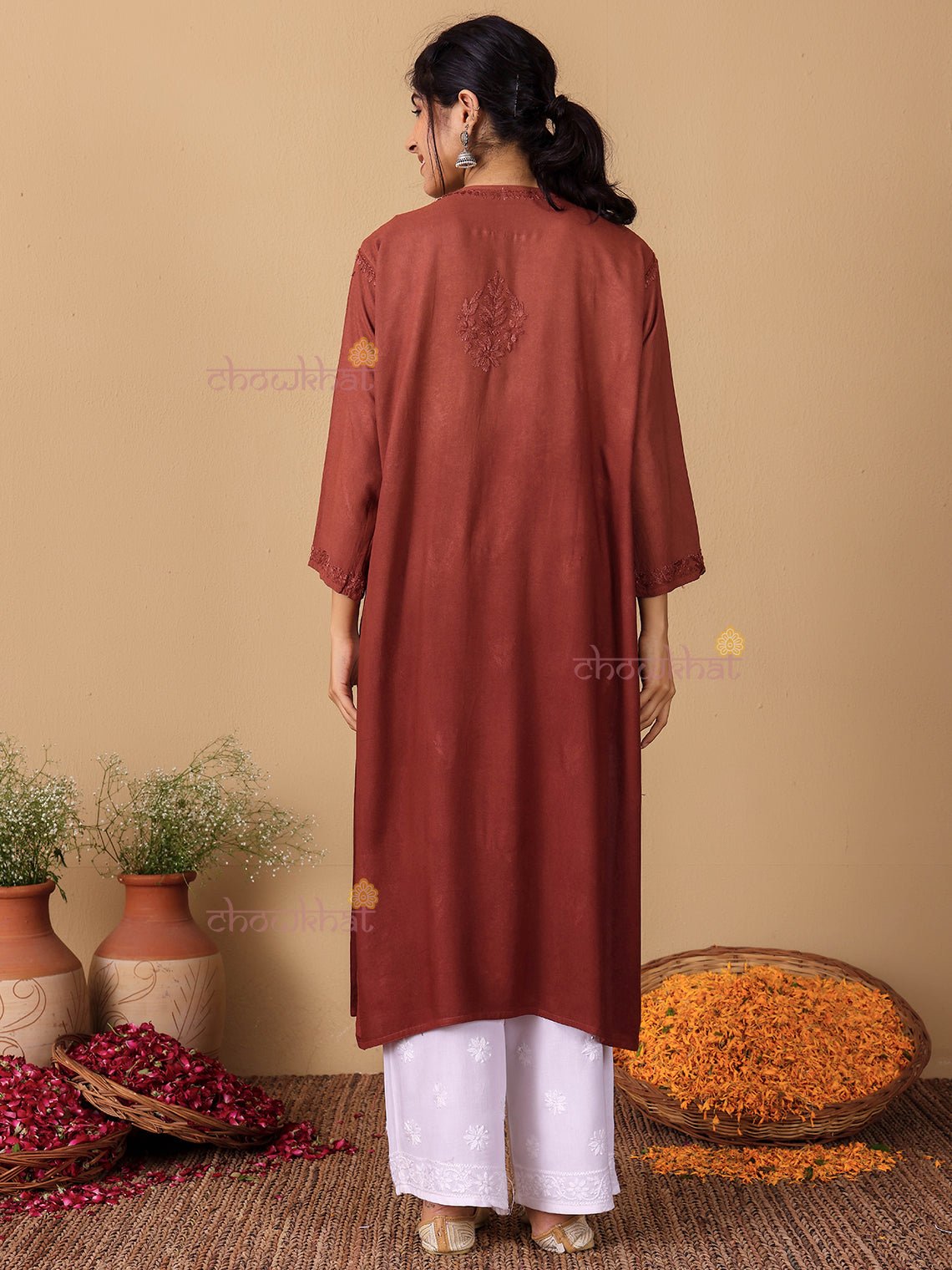 Meher Rayon Straight Long Chikankari Kurti - Chowkhat Lifestyle