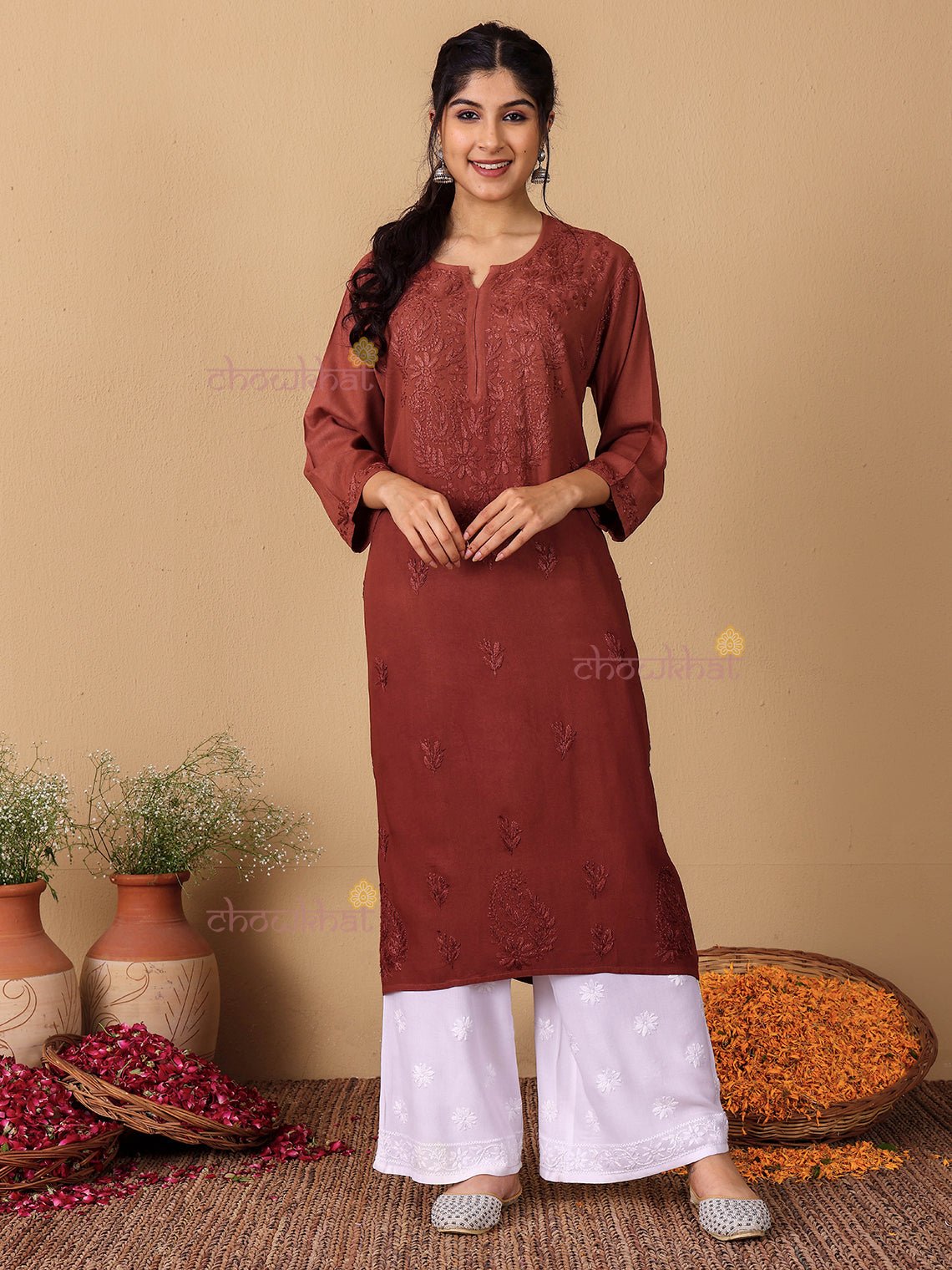 Meher Rayon Straight Long Chikankari Kurti - Chowkhat Lifestyle