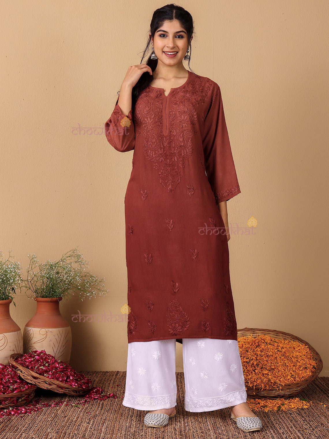 Meher Rayon Straight Long Chikankari Kurti - Chowkhat Lifestyle