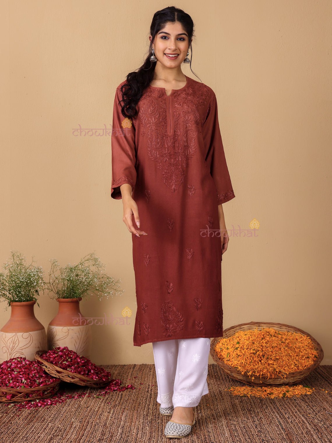 Meher Rayon Straight Long Chikankari Kurti - Chowkhat Lifestyle