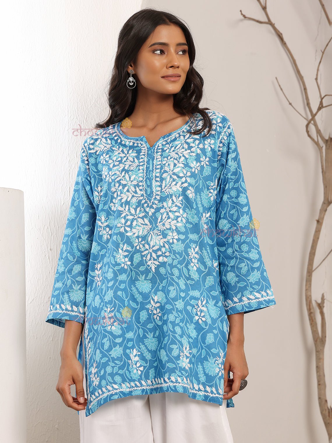 Reva Mul Cotton Short Chikankari Kurti - Chowkhat Lifestyle