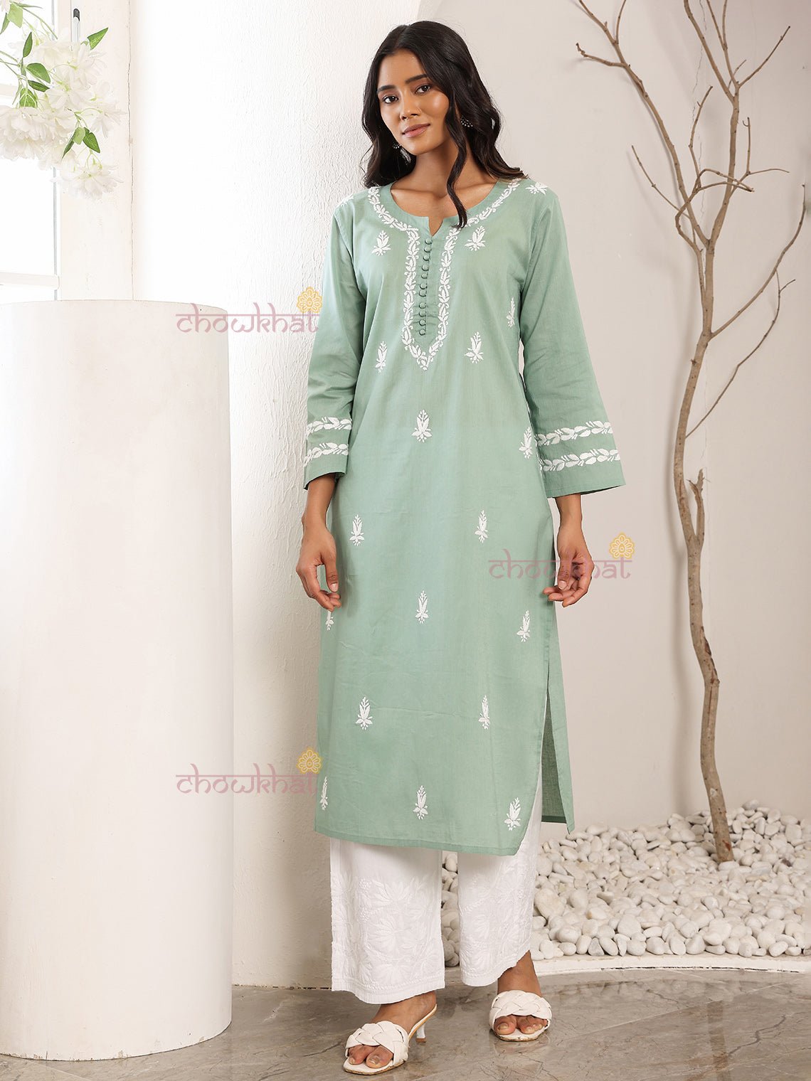 Ayra Cotton Straight Hand Embroidered Chikankari Kurti - Chowkhat Lifestyle