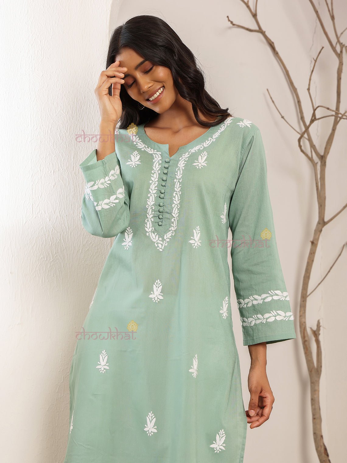Ayra Cotton Straight Hand Embroidered Chikankari Kurti - Chowkhat Lifestyle