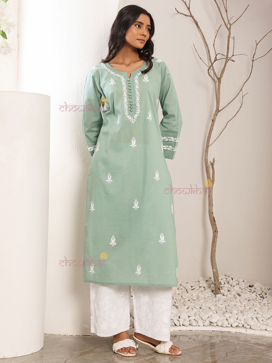 Ayra Cotton Straight Hand Embroidered Chikankari Kurti - Chowkhat Lifestyle