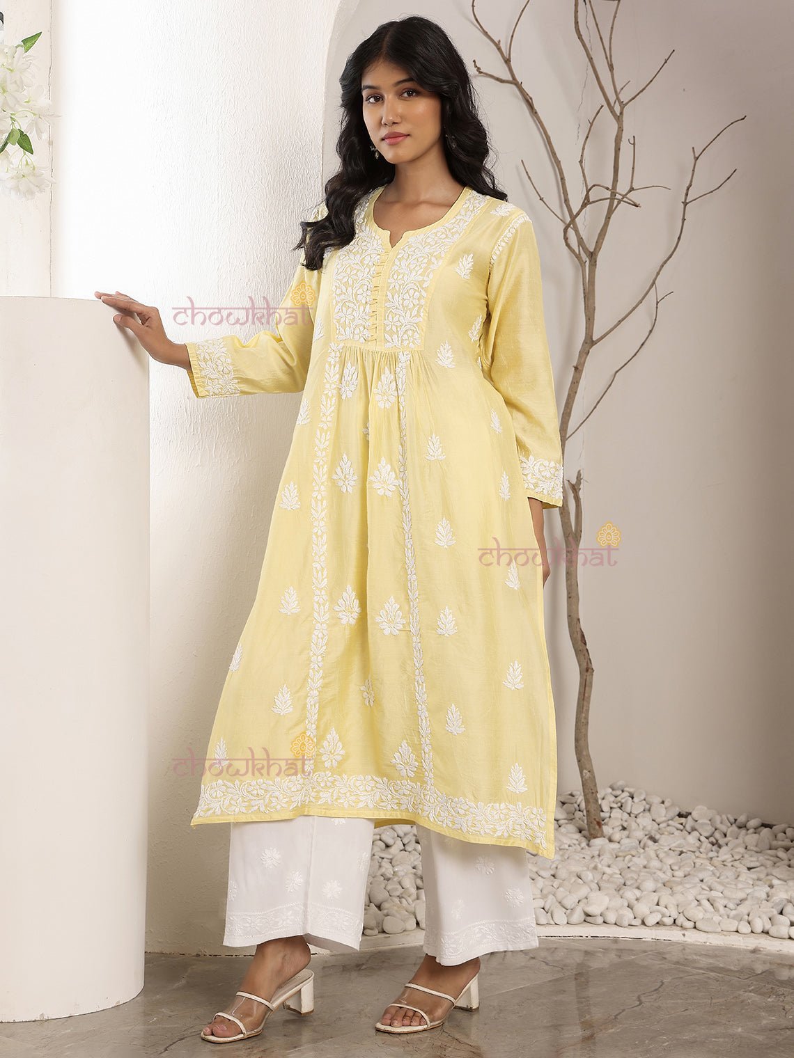 Farida Chanderi Chikankari Kurti with Pearl Buttons - Chowkhat Lifestyle