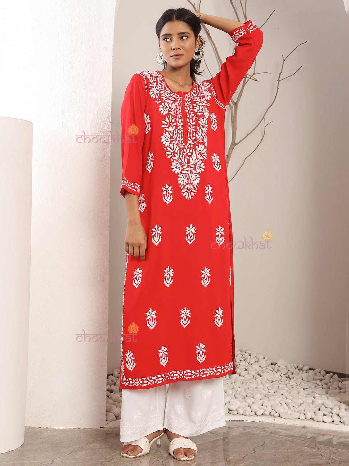 Tisha Straight Rayon Chikankari Long Kurti - Chowkhat Lifestyle
