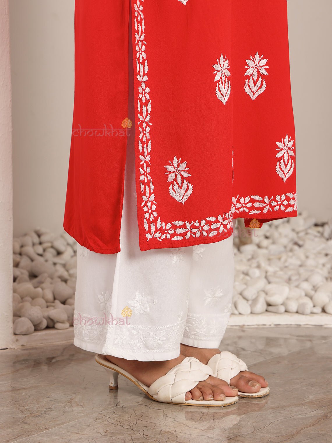 Tisha Straight Rayon Chikankari Long Kurti - Chowkhat Lifestyle