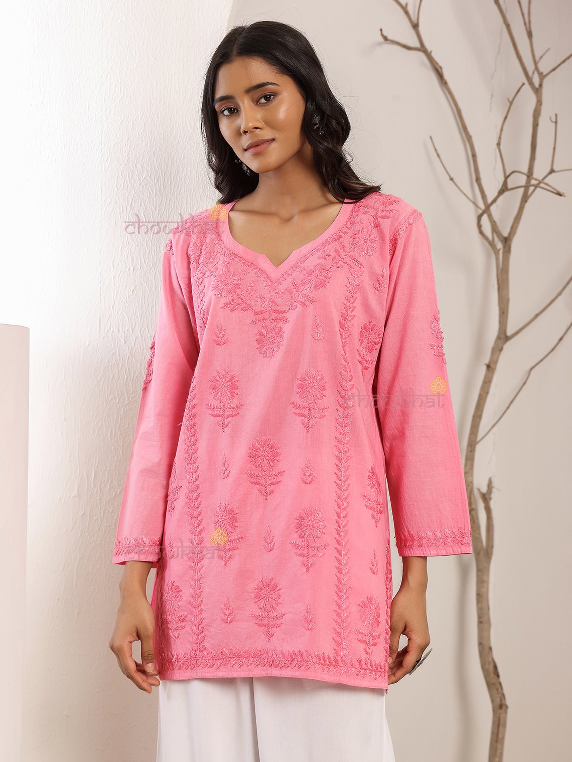 Tiya Cotton Straight Short Chikankari Kurti - Chowkhat Lifestyle