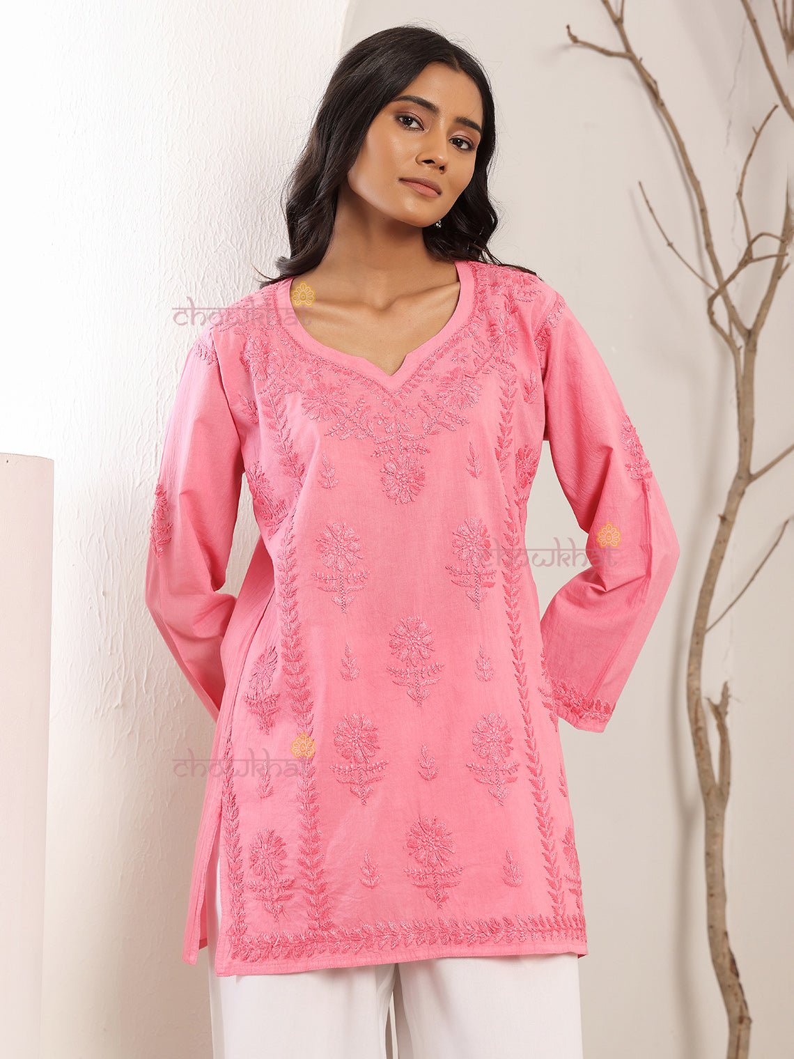 Tiya Cotton Straight Short Chikankari Kurti - Chowkhat Lifestyle
