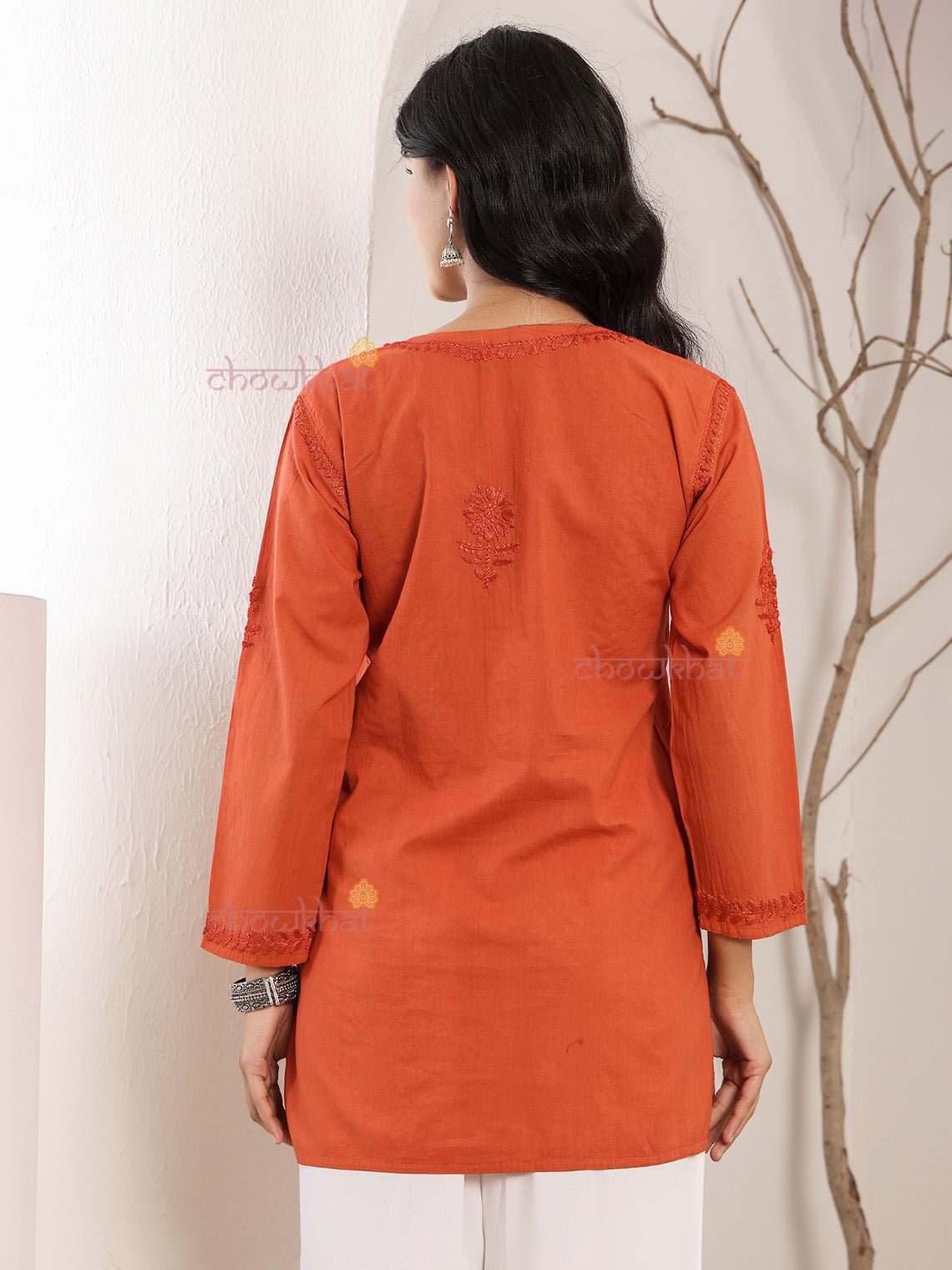 Tiya Cotton Straight Short Chikankari Kurti - Chowkhat Lifestyle