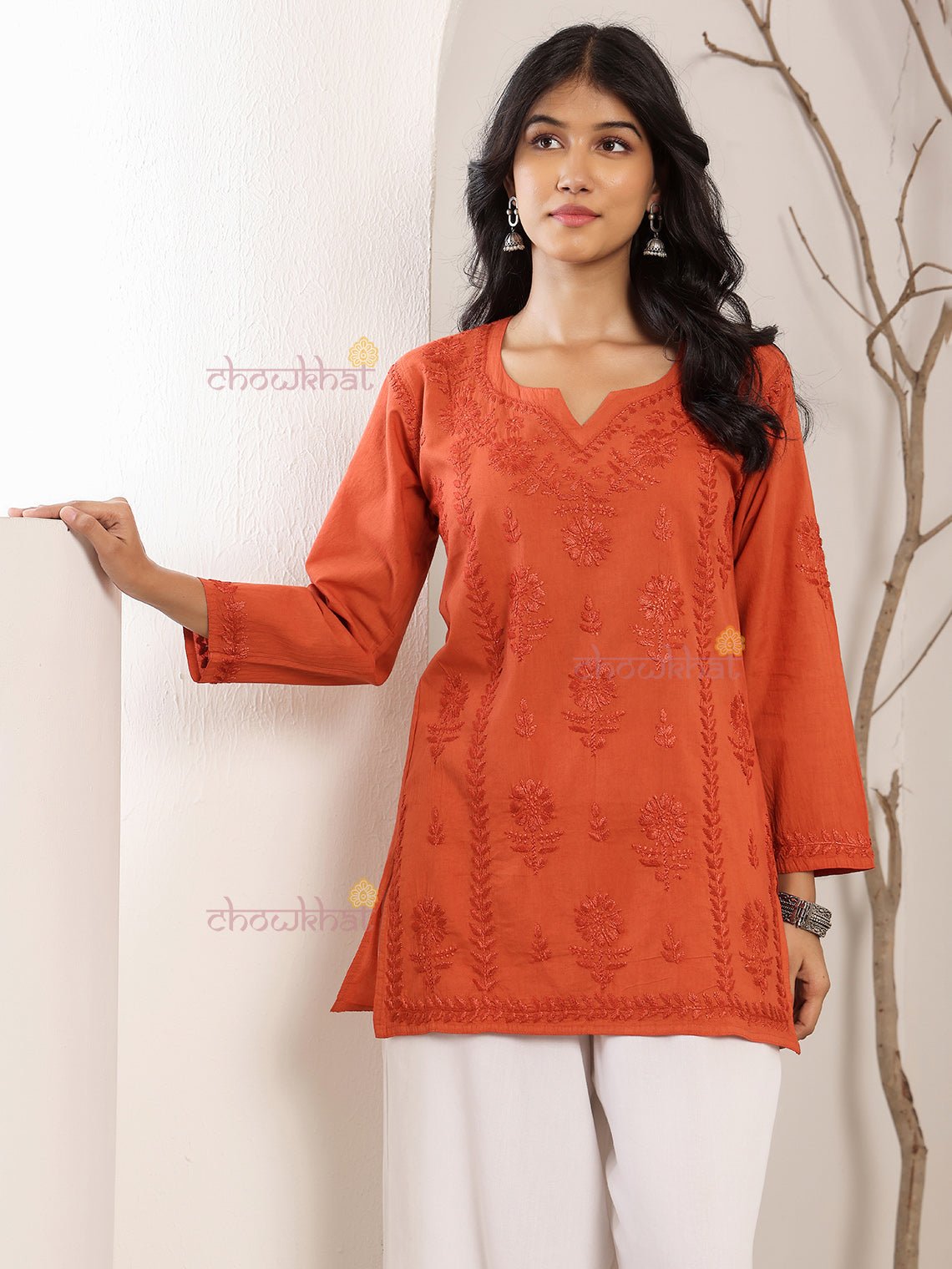 Tiya Cotton Straight Short Chikankari Kurti - Chowkhat Lifestyle