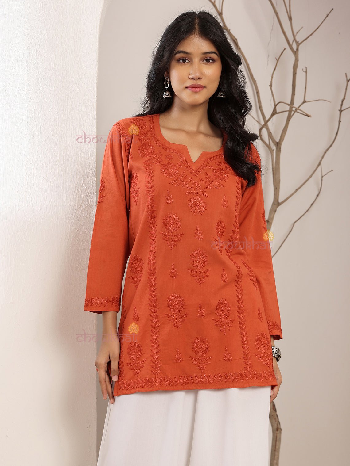Tiya Cotton Straight Short Chikankari Kurti - Chowkhat Lifestyle