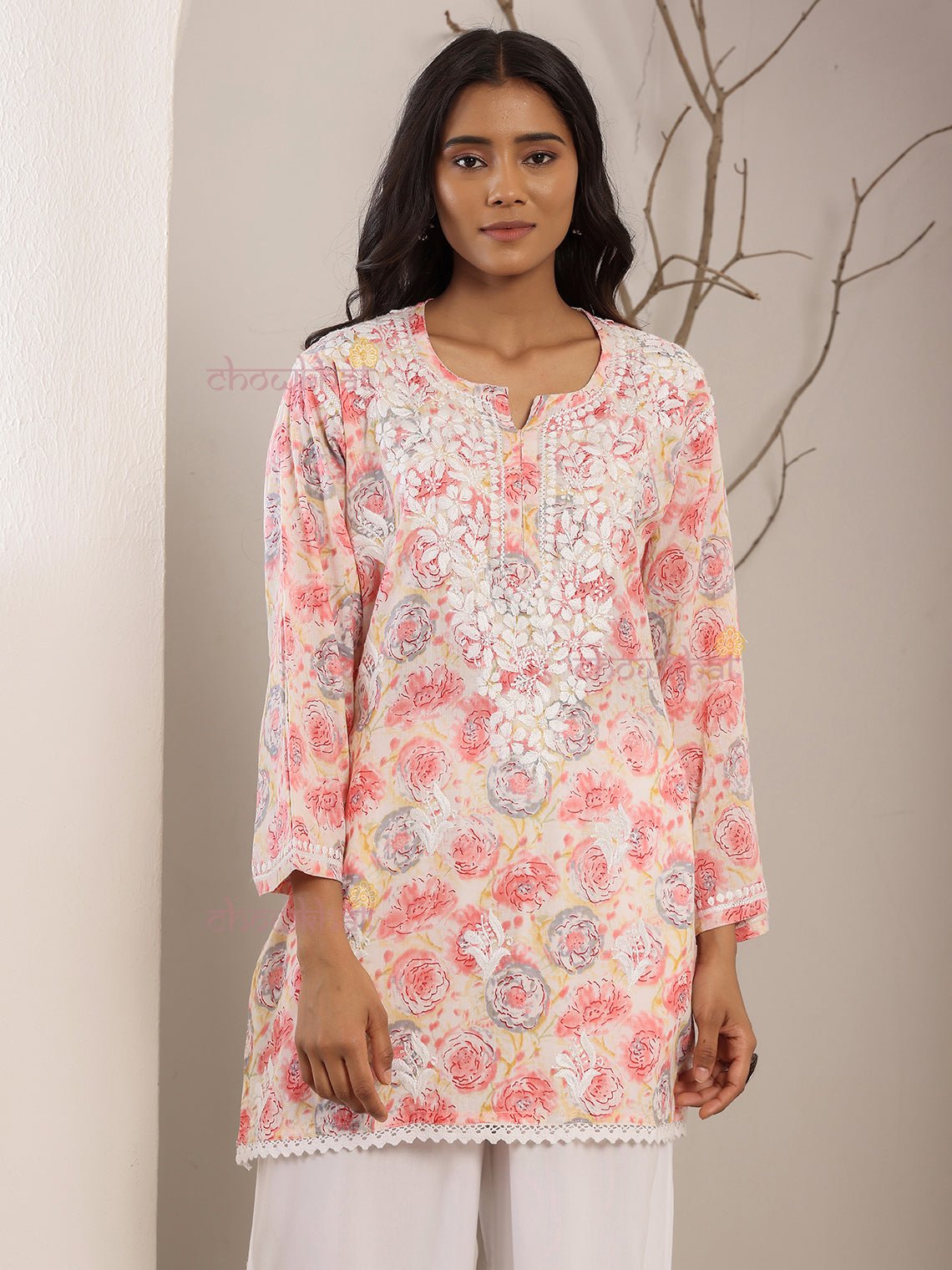 Charvi Mul Cotton Straight Short Chikankari Kurti - Chowkhat Lifestyle