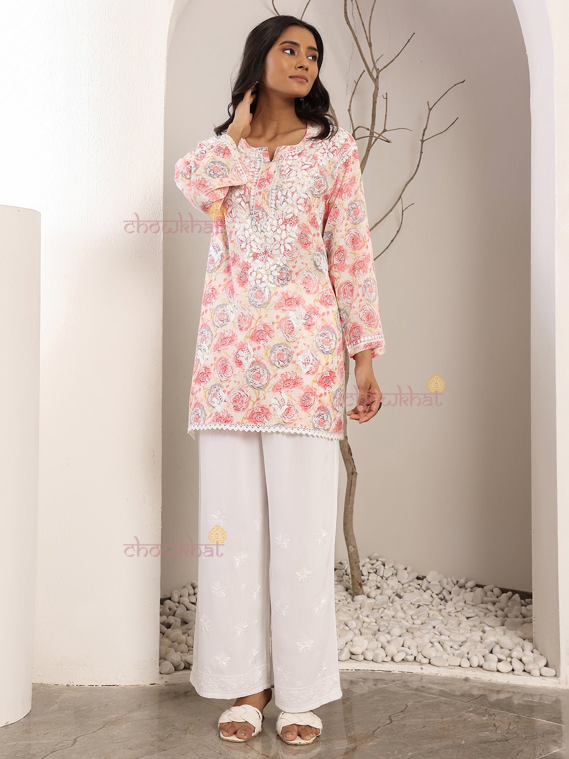 Charvi Mul Cotton Straight Short Chikankari Kurti - Chowkhat Lifestyle