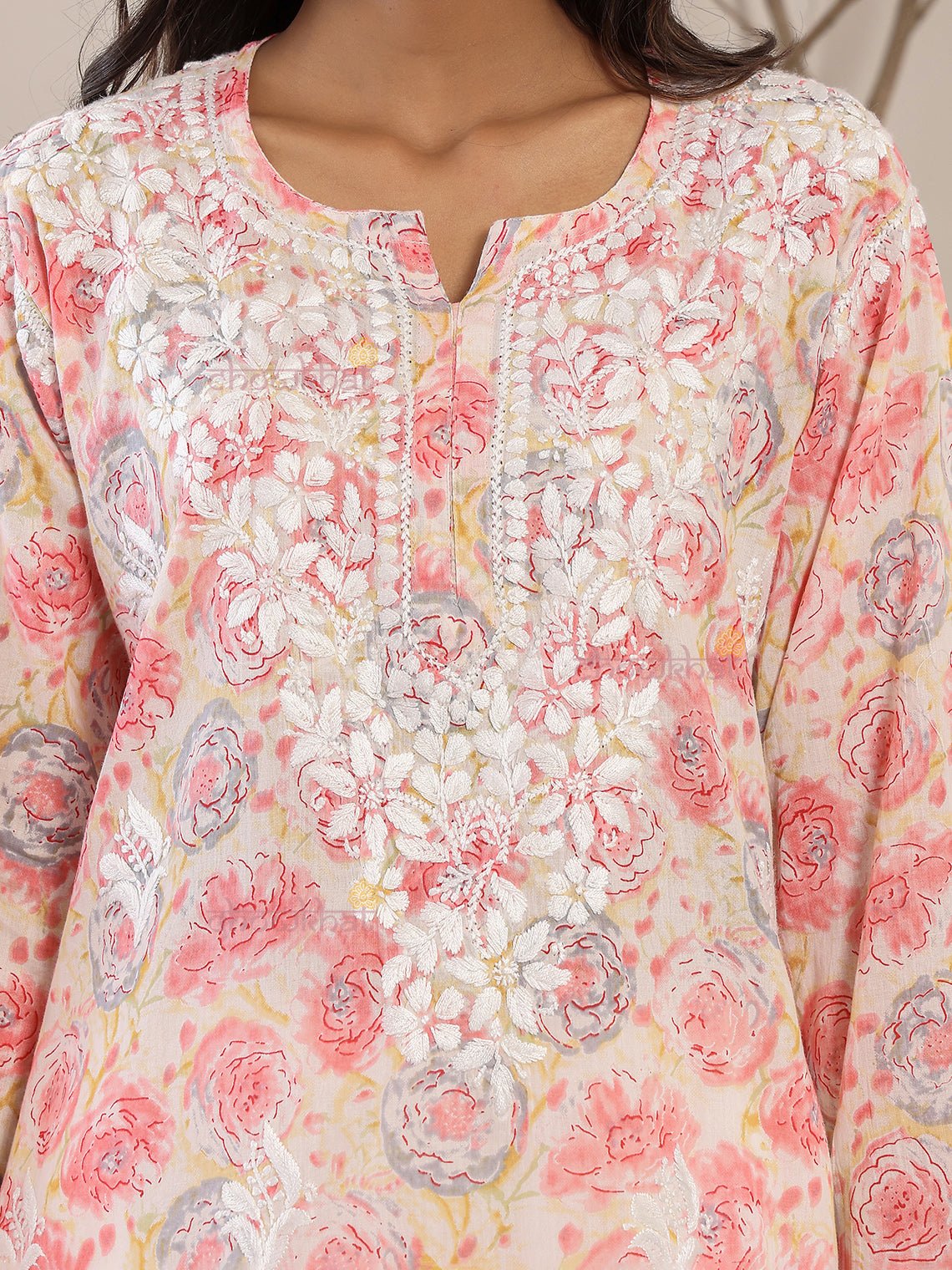 Charvi Mul Cotton Straight Short Chikankari Kurti - Chowkhat Lifestyle