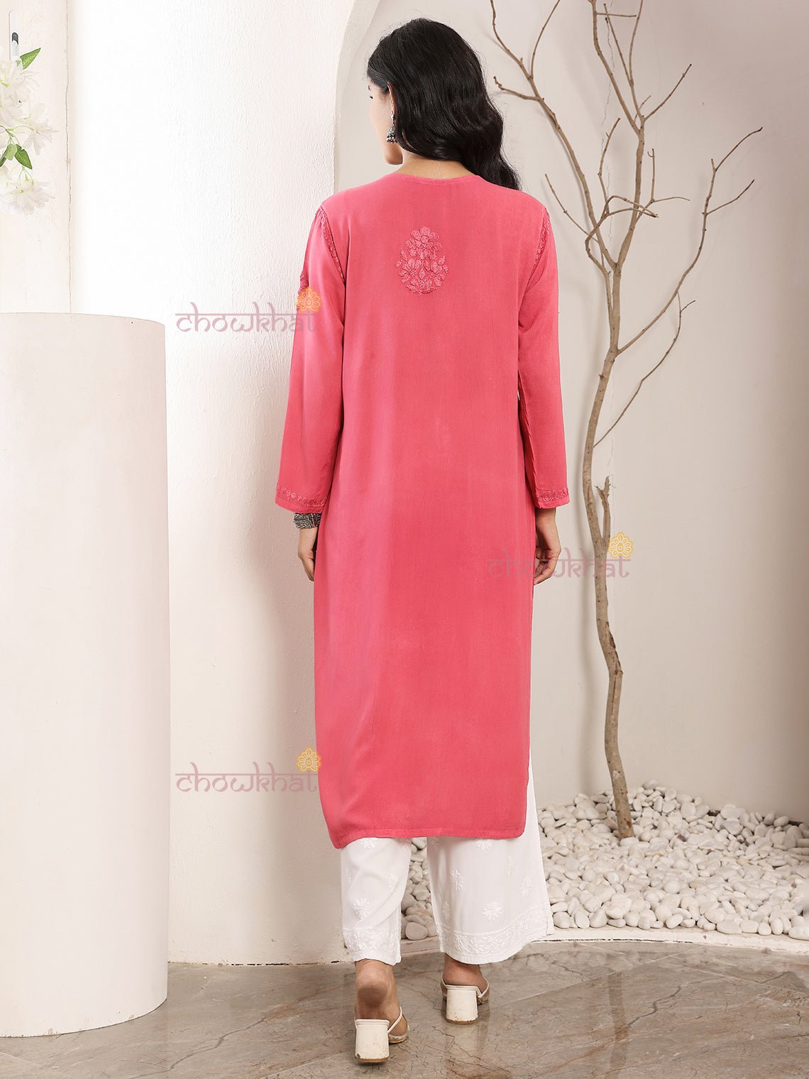 Ayla Straight Long Rayon Chikankari Kurti - Chowkhat Lifestyle