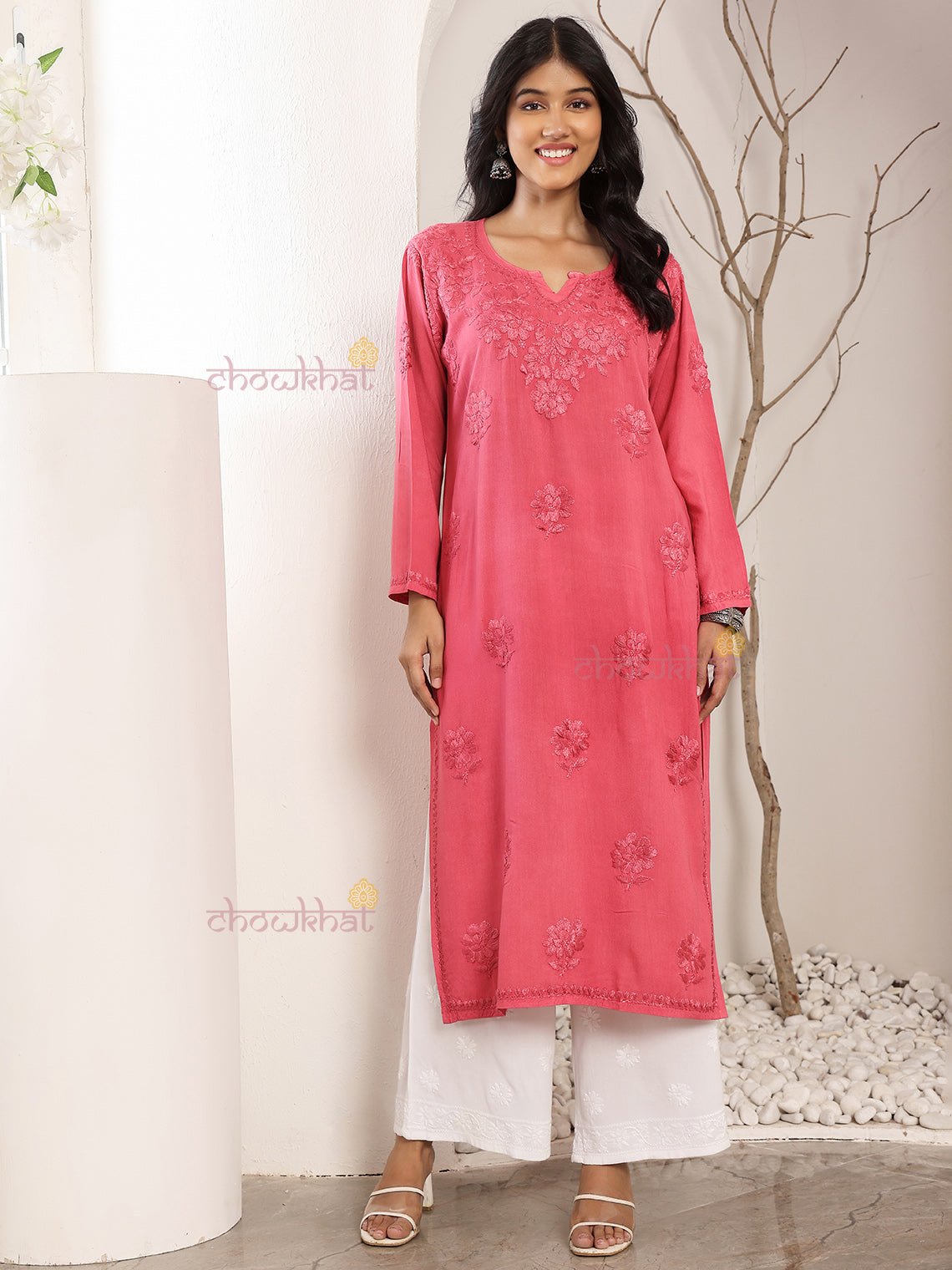 Ayla Straight Long Rayon Chikankari Kurti - Chowkhat Lifestyle