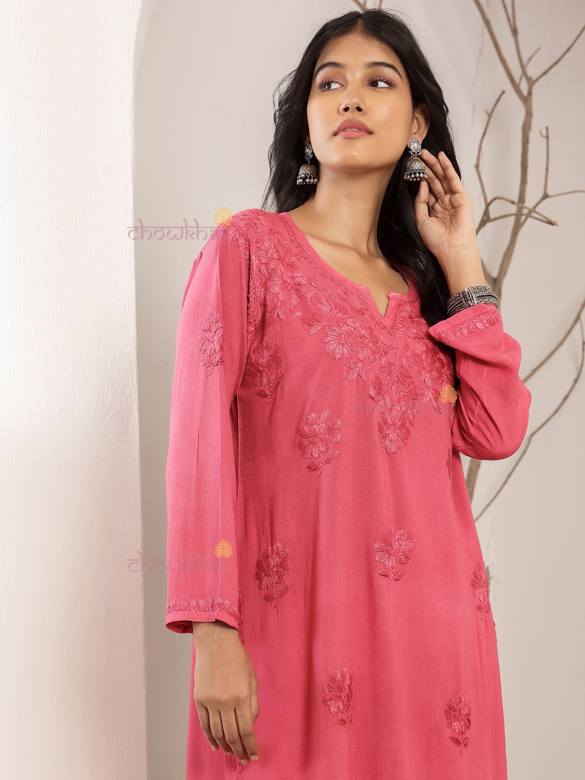 Ayla Straight Long Rayon Chikankari Kurti - Chowkhat Lifestyle