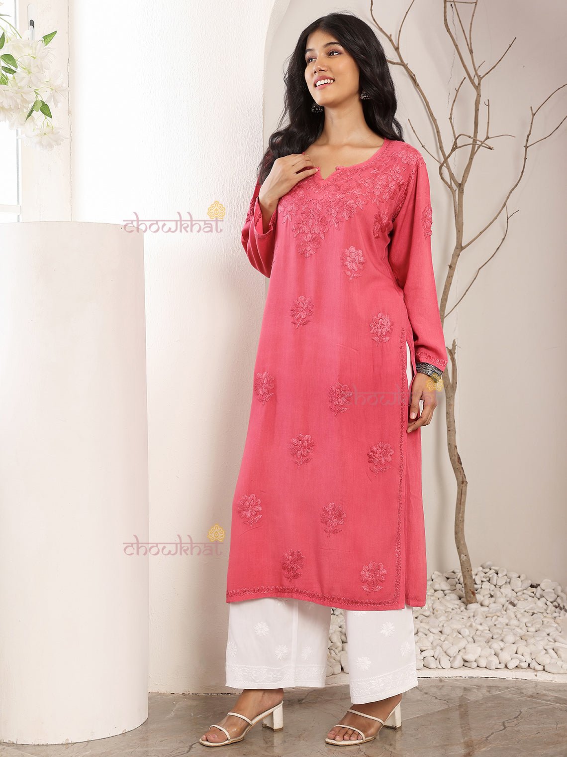 Ayla Straight Long Rayon Chikankari Kurti - Chowkhat Lifestyle