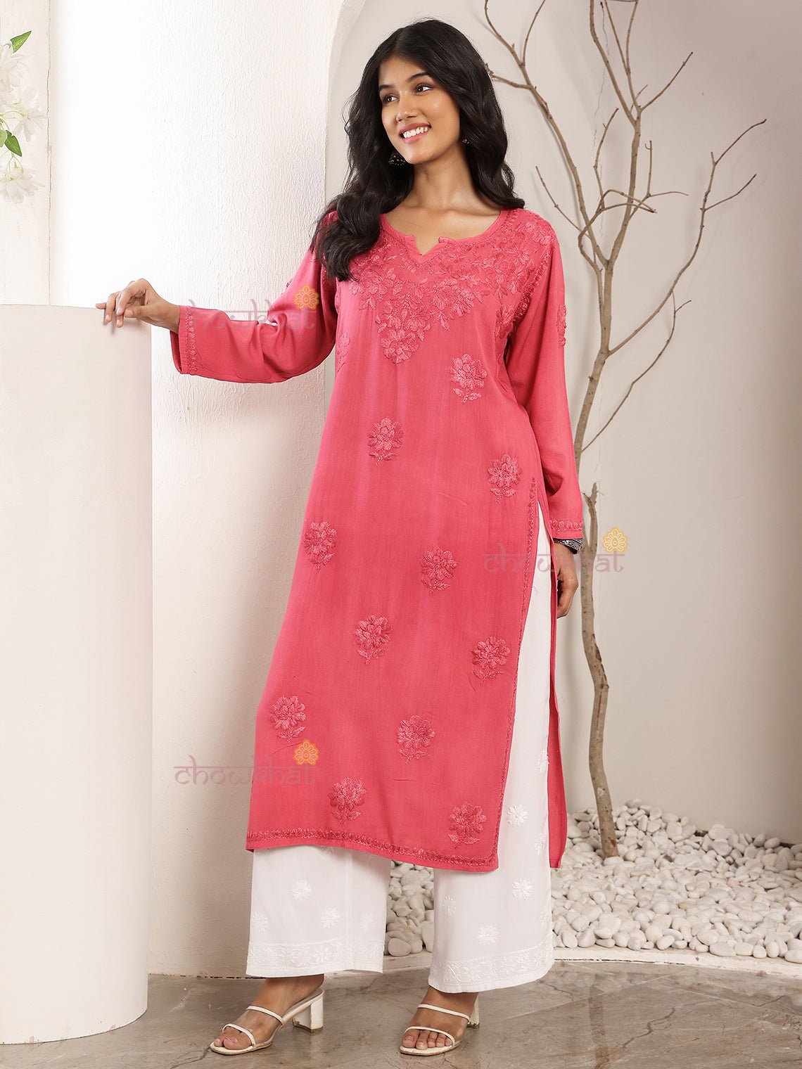 Ayla Straight Long Rayon Chikankari Kurti - Chowkhat Lifestyle