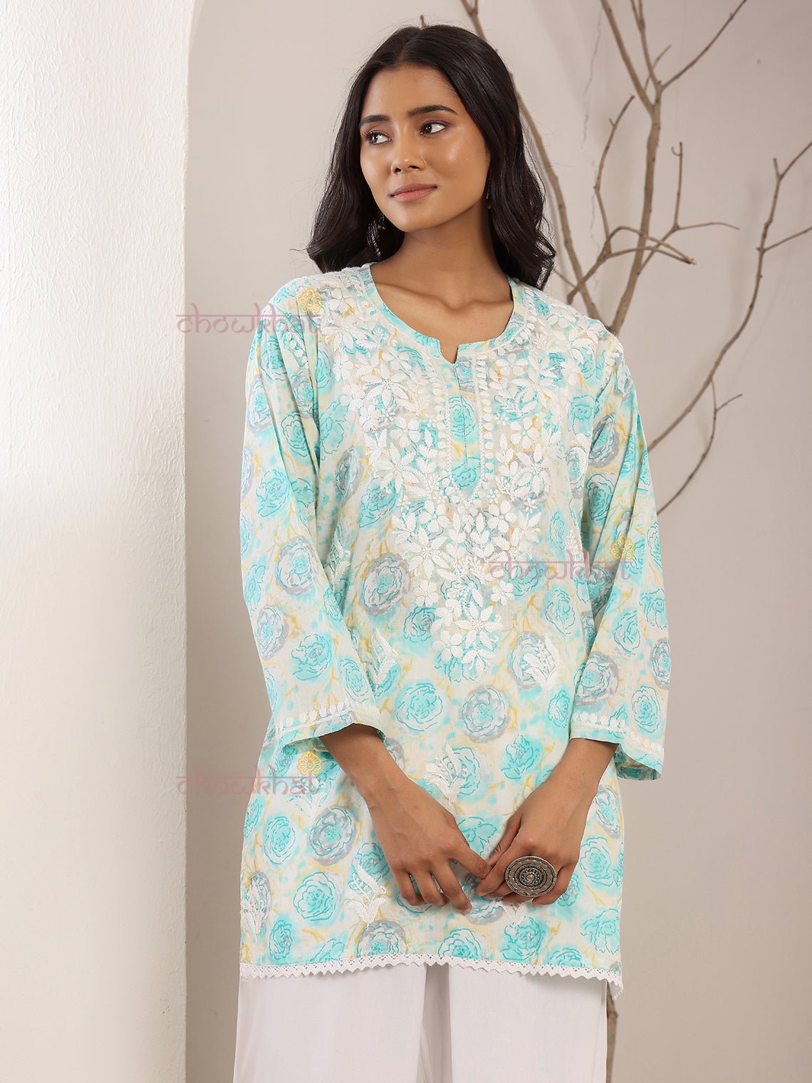 Charvi Mul Cotton Straight Short Chikankari Kurti - Chowkhat Lifestyle